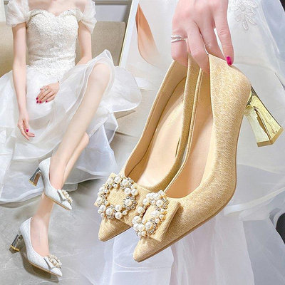 珍珠法式高跟鞋 單鞋 尖頭 新娘鞋 伴娘鞋 高跟鞋 水晶鞋 結婚鞋子