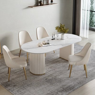 熱銷 現代輕奢巖板餐桌椅組合現代簡約奶油風桌子橢圓形餐桌家用小戶型簡約