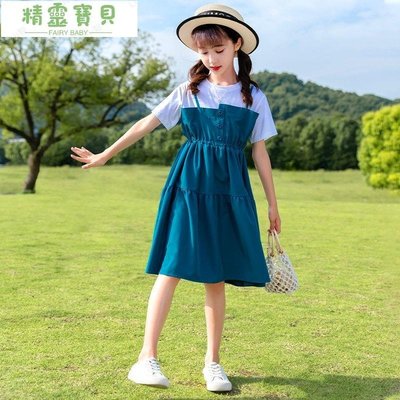 ����女童 新款 洋裝 學生夏裝 假兩件 中大童 短袖 女孩 韓版 超仙公主裙-精靈寶貝