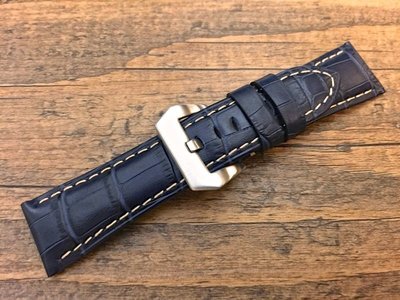 24mm收22mm深藍色高質感沛納海的新衣可替代panerai原廠錶帶之鱷魚皮紋真牛皮錶帶白色縫線