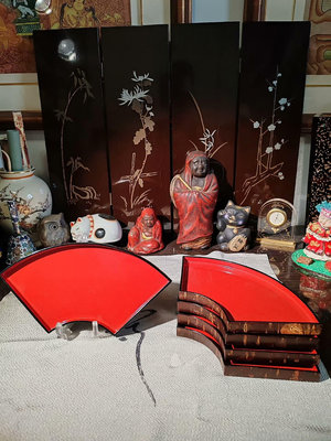 日本回流，櫻皮細工，實木大漆，扇型盤，杯托、茶托盤、甜品盤，