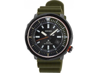 【金台鐘錶】SEIKO 精工錶 鮪魚罐頭 46mm 太陽能 200m 潛水錶 (黑面x綠膠帶) SNE547P1