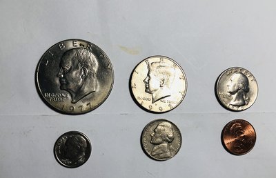 美國早期錢幣（壹圓1枚+50美分1枚+25分1枚+1角1枚+5分1枚+1美分1枚）共6枚，品相佳，值得收藏，祝您財源廣進
