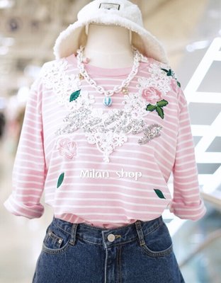 ☆Milan Shop☆網路最低價 正韓Korea專櫃款 極美立體緹花刺繡玫瑰條紋上 3色$699(特價)