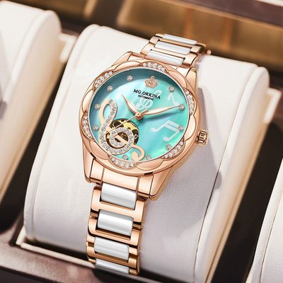 歐綺娜手錶女全自動機械錶陶瓷鋼帶防水小綠錶抖音同款女士手錶
