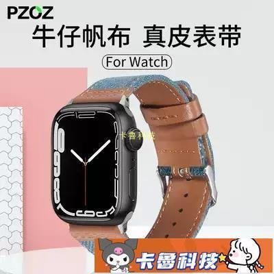 【熱賣精選】PZOZ適用於蘋果iwatch牛仔錶帶手錶6apple watch5真皮applewatchse4皮質iph