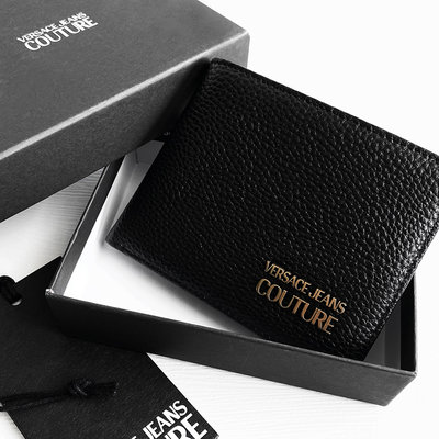 美國百分百【全新真品】Versace Jeans 凡賽斯 皮夾 錢包 真皮 專櫃精品 VJ 短夾 多夾層 黑色 CK80