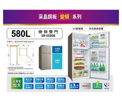 SANLUX台灣三洋580公升一級變頻雙門電冰箱 SR-V580B