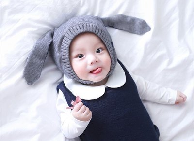 ＊愛漂漂＊【H033】立體兔耳朵兔子造型內裡加絨保暖針織毛線帽繫帶毛帽 護耳帽 嬰兒帽 幼童帽 寶寶帽子