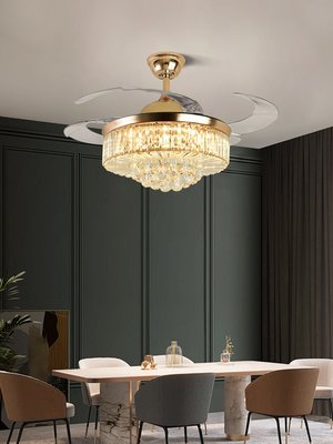 盛夏@水晶吊扇燈餐廳歐式電扇吊燈金色52寸輕奢客廳風扇燈