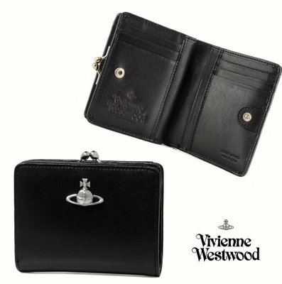 Vivienne Westwood ( 黑色×銀鎳色金屬土星LOGO ) NAPPA 真皮兩摺短夾 皮夾 錢包｜100%全新正品｜特價!