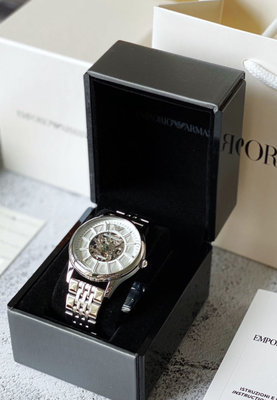 EMPORIO ARMANI 鏤空錶盤 銀色不鏽鋼錶帶 自動機械錶 AR1945