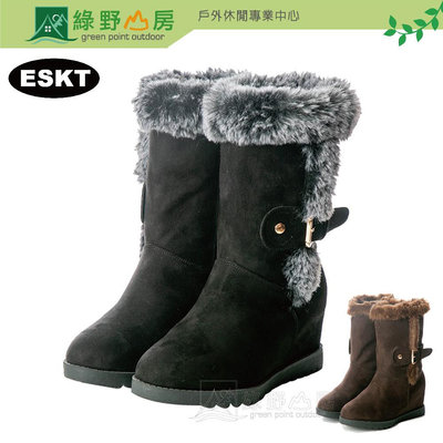 [出清] ESKT 台灣 女 中筒 超細纖維雪鞋 簡易冰爪 防滑 保暖雪靴 黑/咖 SN253