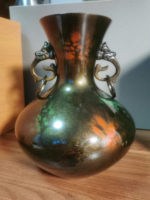 高崗銅器鑄銅花瓶雙龍耳，日本購回，昭和時期老銅器