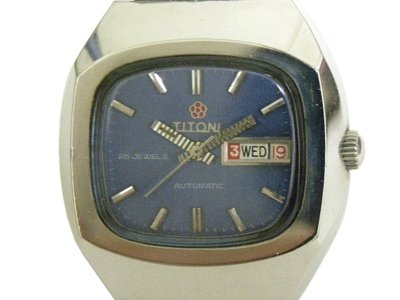 [專業模型] 機械錶 [TITONI B2638] 梅花嘜 方形自動錶[25石][藍色面+星+日期]/中性/軍錶