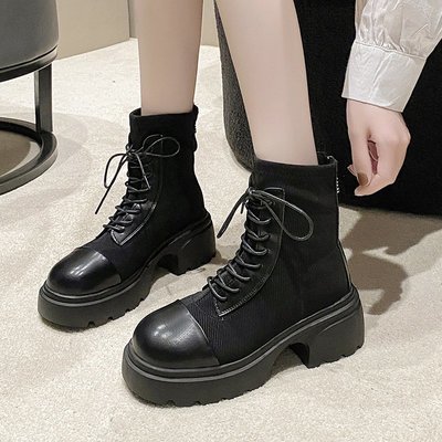 圓頭飛織馬丁靴2023秋季韓版新款厚底粗跟系帶小短靴氣質女瘦瘦靴
