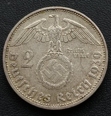 德國   1939年  D(慕尼黑)  納粹德國   2馬克    興登堡    銀幣(62.5%銀)    2495