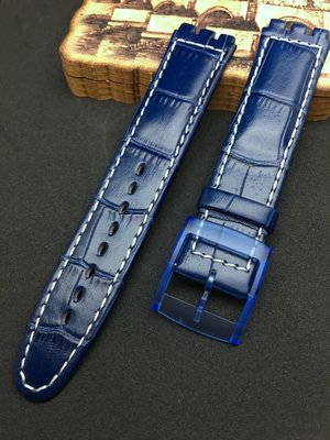 艾曼達精品~SWATCH專用,17mm(20mm)原廠外的最佳替代方案,真牛皮錶帶,替代悠遊錶帶,深藍色下標區