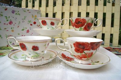 杯盤組--進口古典骨瓷雙盤雙杯花茶杯組/咖啡杯組-三色堇/罌粟花--秘密花園
