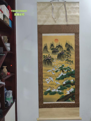 c156《蓬萊仙境百鶴圖》一幅斗方茶掛，賽璐璐軸頭，絹本綾裱 【景天閣】二手-4259