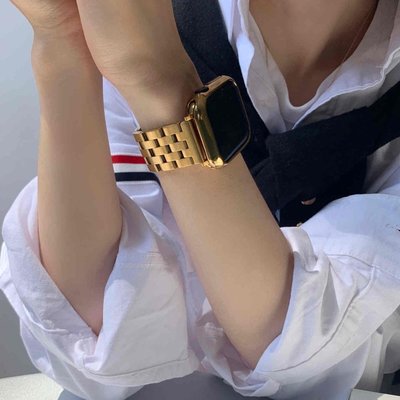 全館免運 簡約高級金屬質感金色男女款 蘋果手錶帶 於Apple Watch7654321se手錶帶 可開發票