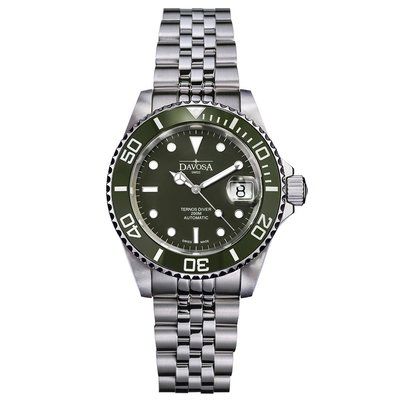 DAVOSA 161.555.07 40mm 綠水鬼陶瓷圈專業200M潛水錶-5銖不銹鋼帶款