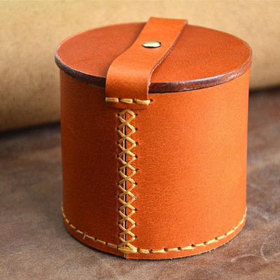 跨境皮盒可定LOGO手縫線加厚植鞣牛皮茶杯套茶碗防塵儲物罐收納盒