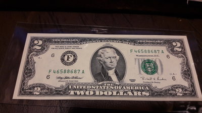 美國1995年版綠印美金2元紙鈔實物如圖
