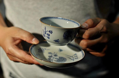 【二手】青花手繪花卉咖啡杯 杯托 壺承 古董 瓷器 老貨 【怡雅館】-1599
