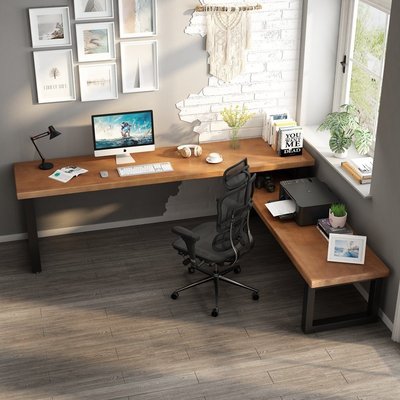電腦桌 辦公桌 家用全實木l型雙人長書桌轉角臺式電腦桌辦公桌拐角學習桌寫字桌-促銷