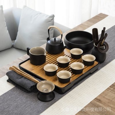 小茶具套裝功夫茶杯家用日式簡約客廳辦公黑陶瓷泡茶壺茶盤托盤
