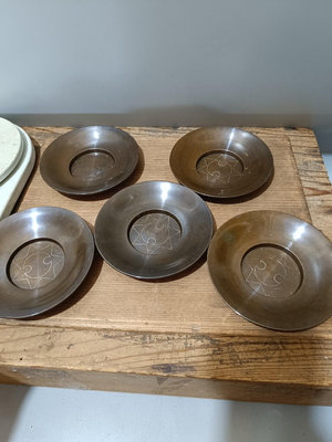 日本回流銅器精品明治大正時期青銅嵌銀銅茶托杯托，日本古銅茶器