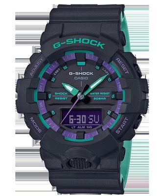 【金台鐘錶】CASIO卡西歐G-SHOCK  90年代復古運動風 霓虹藍+霓虹紫的設計 GA-800BL-1A