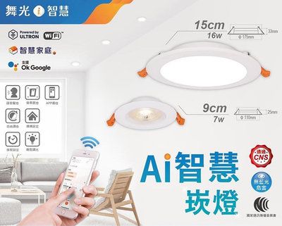 【舞光】 AI智慧LED崁燈，7W(9公分)、16W(15公分)支援OK Google，WIFI崁燈，超高演色Ra90