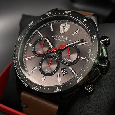 FERRARI法拉利男錶,編號FE00014,46mm黑圓形精鋼錶殼,黑色三眼, 運動錶面,咖啡色真皮皮革錶帶款
