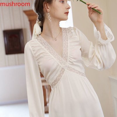 新款女士睡衣長袖刺繡蕾絲高品質【蘑菇】-竹泓良品