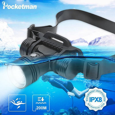現貨：L2 LED 200米水下攝影視頻補光頭燈 20000流明潛水頭燈電量顯示功能潛水防水IPX8 18650電池水