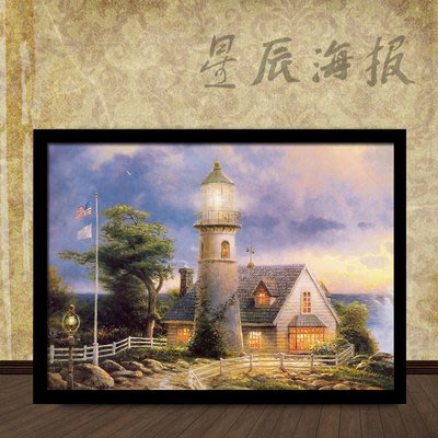 托馬斯美式風景油畫海邊帆船鐘塔裝飾掛畫復古唯美客廳書房海報4
