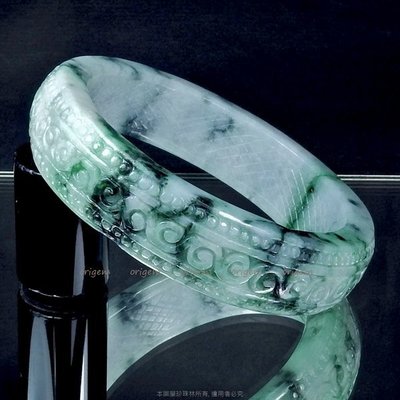 珍珠林~乳丁靈芝如意雕刻板鐲~A貨緬甸老花青玉(內徑54.5mm,手圍18號) #482