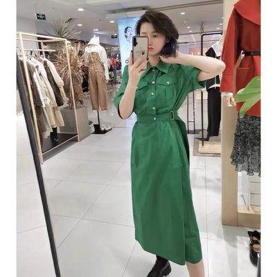 韓*收腰綁帶綠色襯衫洋裝