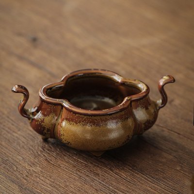 金豆子醬窯變釉室內香插雙耳線香爐焚香茶道擺件禪意中式陶瓷香爐