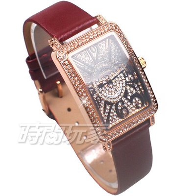 香港古歐 GUOU 閃耀時尚腕錶 滿鑽數字錶 長方型 真皮皮革錶帶 玫瑰金x酒紅 G8201玫酒紅【時間玩家】