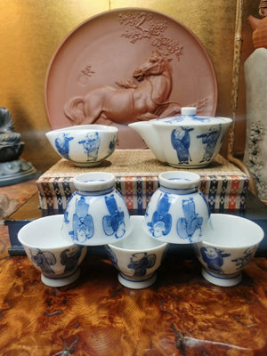 新 日本青花人物茶具套，青花寶瓶茶具，手繪青花染付煎茶器，青花茶