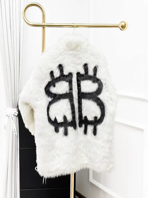 Balenciaga巴黎世家32碼白色拼黑色涂鴉環保皮草外套