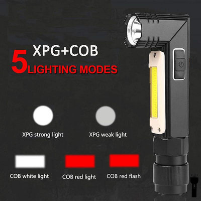 跨境90°轉角USB手電筒折疊cob工作燈USB充電手電頭燈磁鐵檢修燈