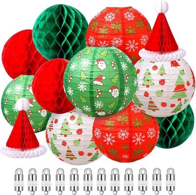 現貨圣誕節主題派對背景裝飾防水氣球燈圣誕帽蜂窩球紙燈籠套裝掛飾