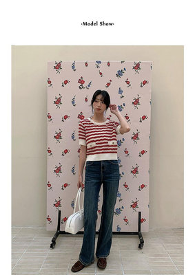 Pretty Cherry  跳色波浪條紋圓領毛針織衫 (3色)☝️百搭 復古 經典