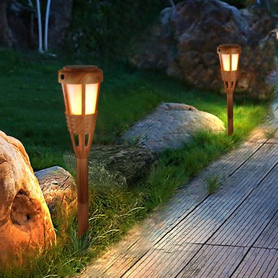 新款LED太陽能燈仿真竹子火焰燈火把燈戶外草坪景觀燈庭院花園燈