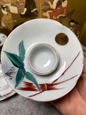 日本老柴燒手繪盞托杯托，老物件懂的入手 手繪仙鶴 龜鶴延年