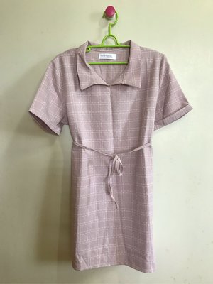 韓版 復古粉白格紋襯衫領短袖洋裝